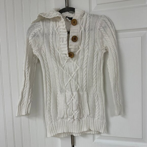 J Crew White Knit Hooded Wood Button Sweater with Pocket - 3/4 Sleeve - Small - Picture 1 of 4